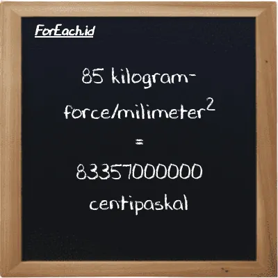 Cara konversi kilogram-force/milimeter<sup>2</sup> ke centipaskal (kgf/mm<sup>2</sup> ke cPa): 85 kilogram-force/milimeter<sup>2</sup> (kgf/mm<sup>2</sup>) setara dengan 85 dikalikan dengan 980670000 centipaskal (cPa)